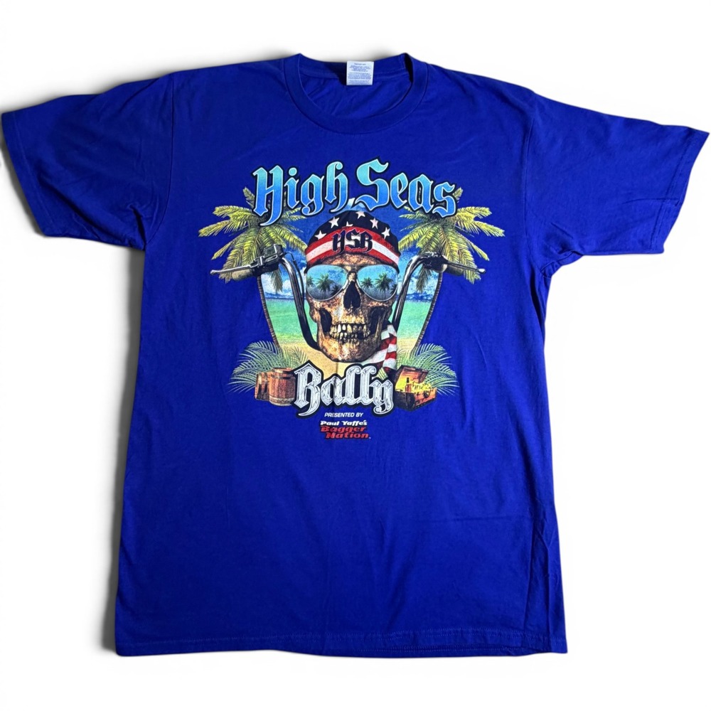 High Seas Rally 2022 Motorcycle Cruise T-Shirt Blue Mens Medium Colt Ford Foghat